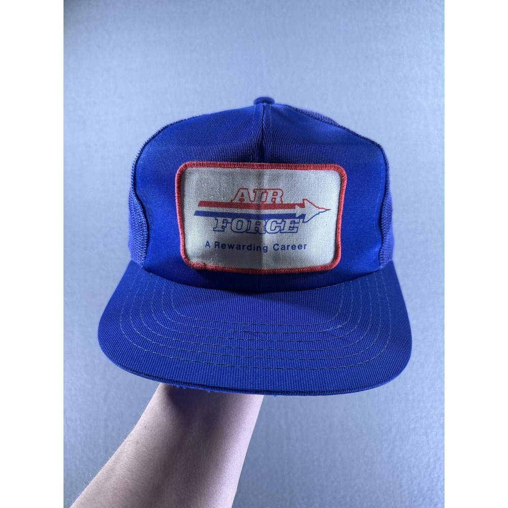 Vintage Air Force Hat Cap Snap Back Blue Trucker Mesh Patriotic USA Patch